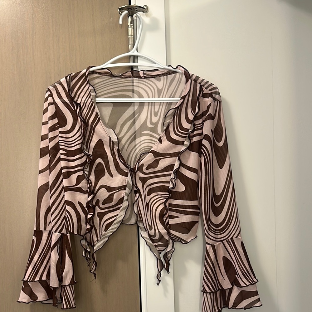 Dynamite Brown and White Crop Blouse with Bell Sleeves and Tie Front